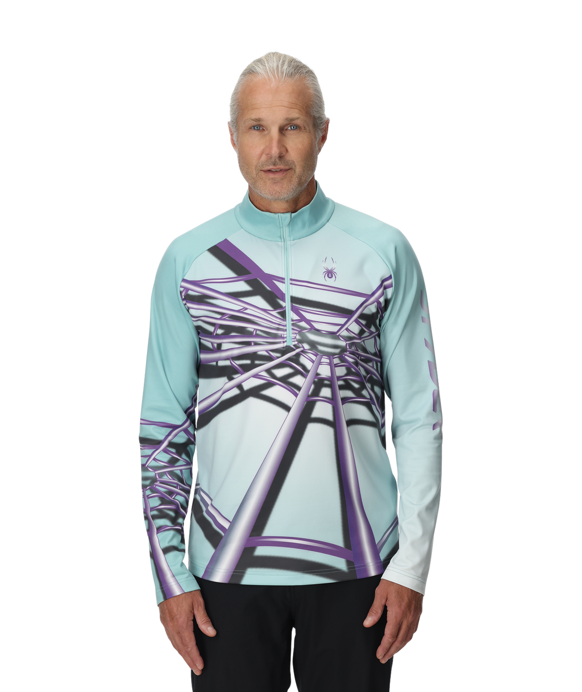 Man wearing a light blue cycling jersey with a purple and black abstract design on a white background