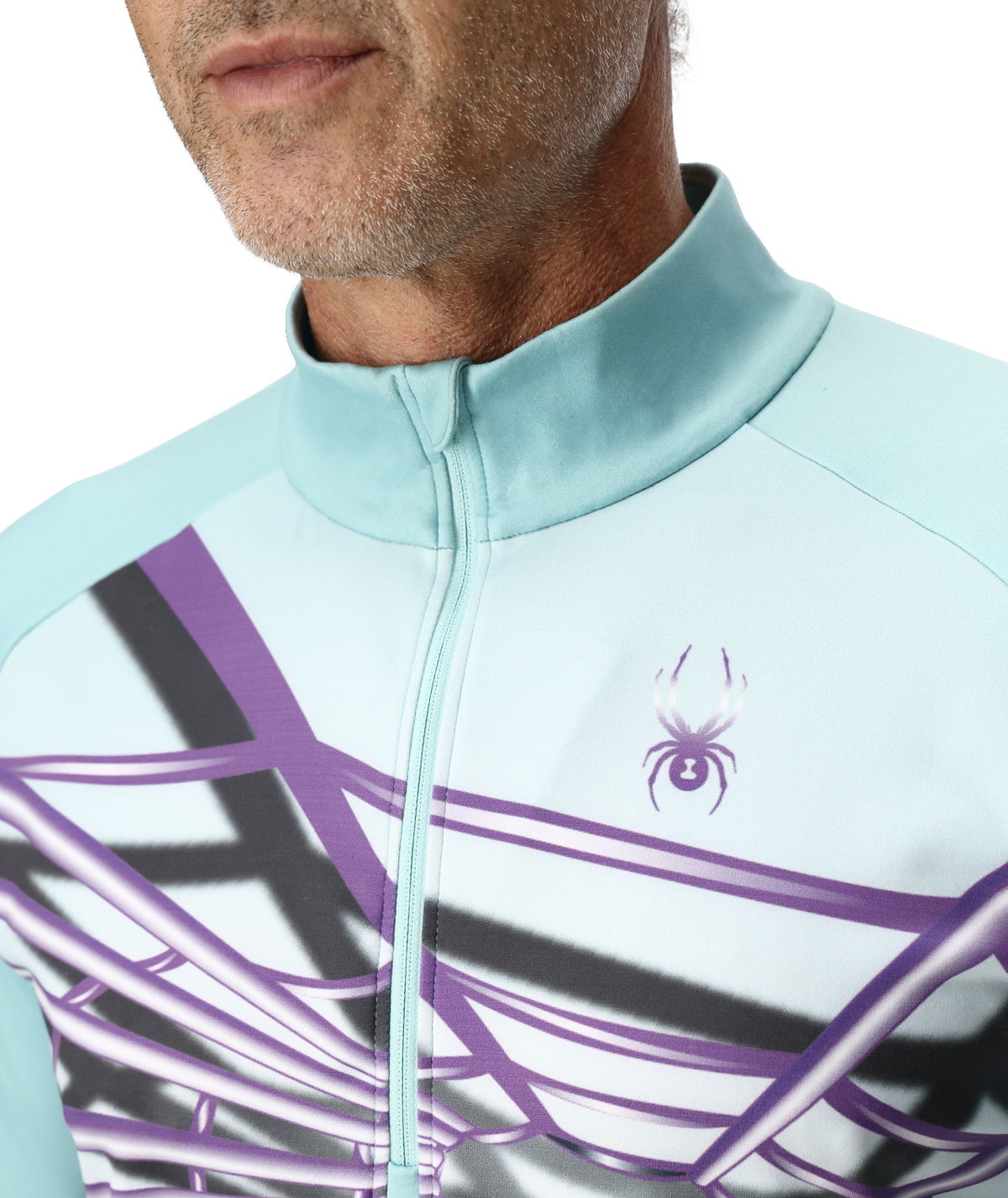 Light blue cycling jersey with purple and black design on a person wearing it.
