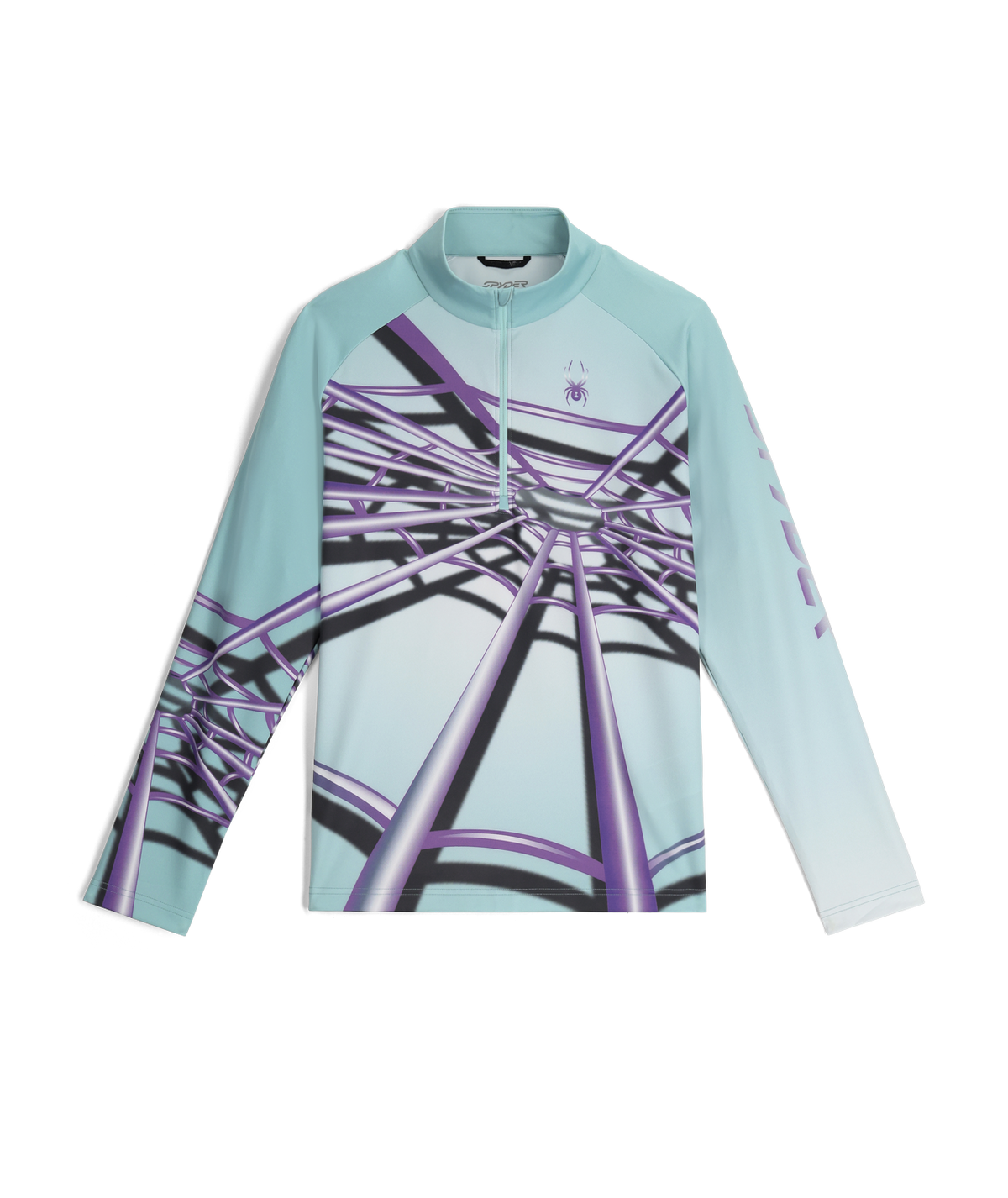 Light blue long-sleeve shirt with purple abstract design on a white background