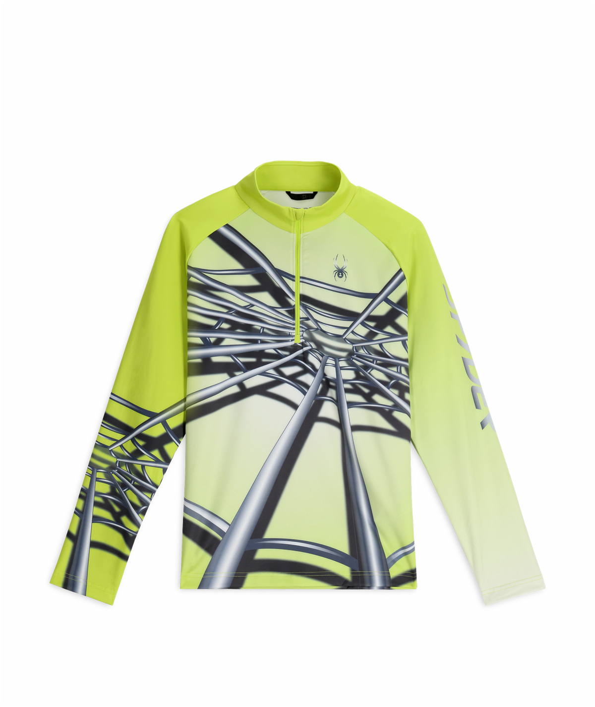 Bright yellow long-sleeve shirt with black geometric pattern on a white background