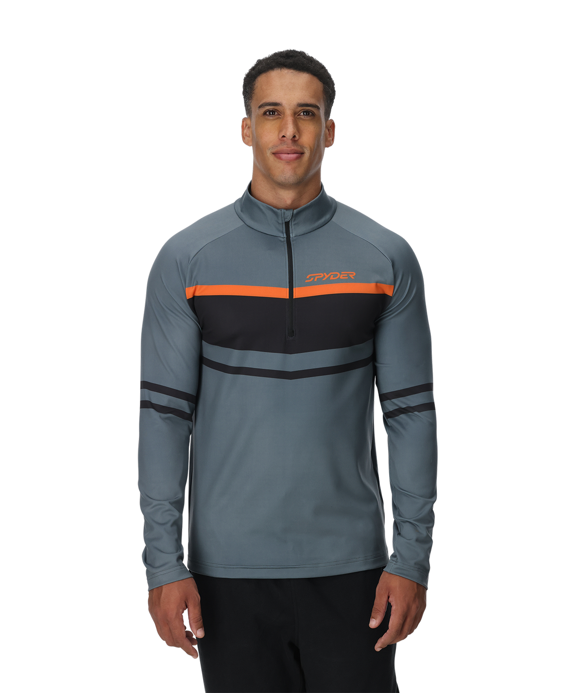 Man wearing a gray and black athletic jacket with orange accents on a white background