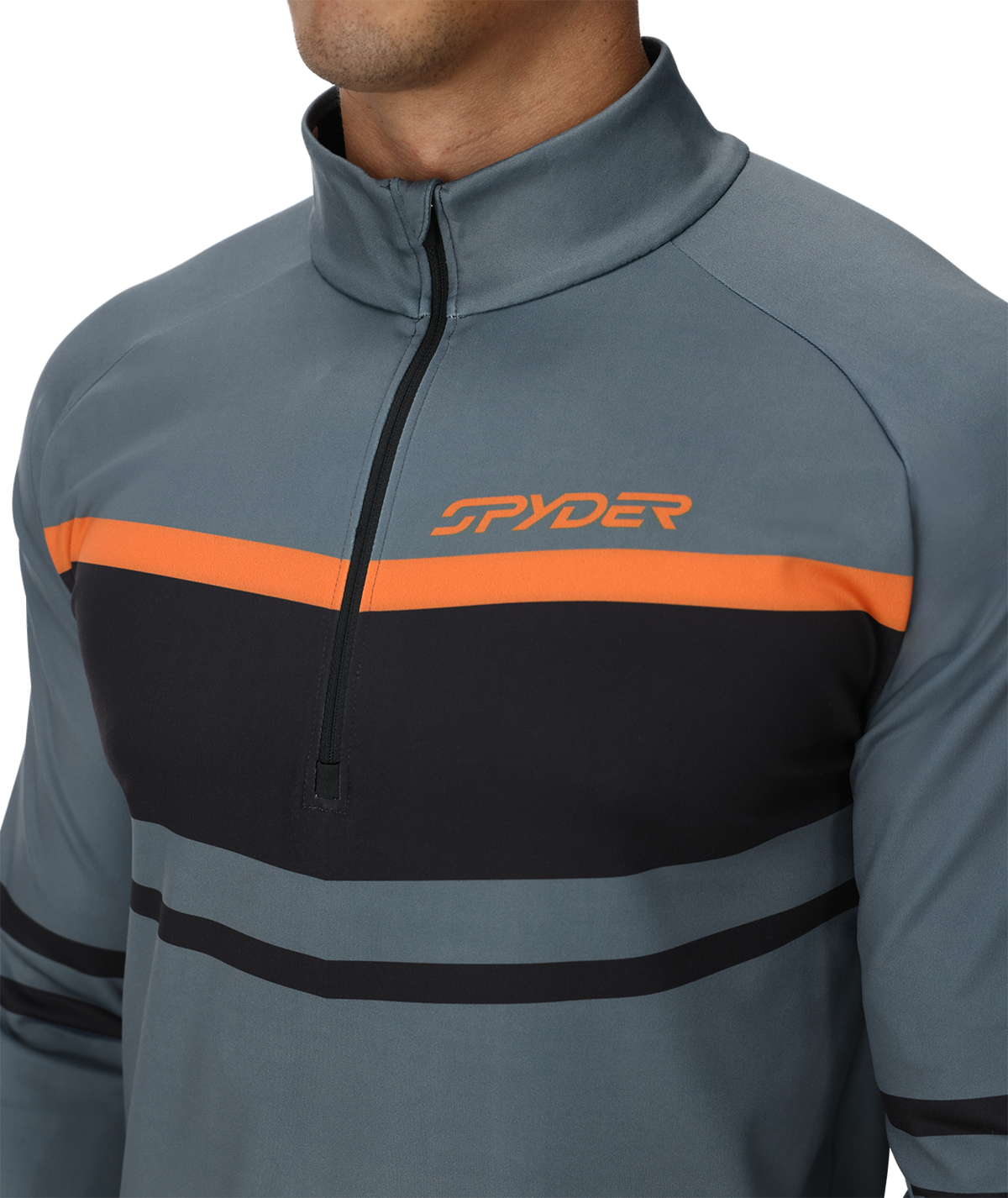 Gray and black half-zip pullover with orange accents and Spyder logo on a white background