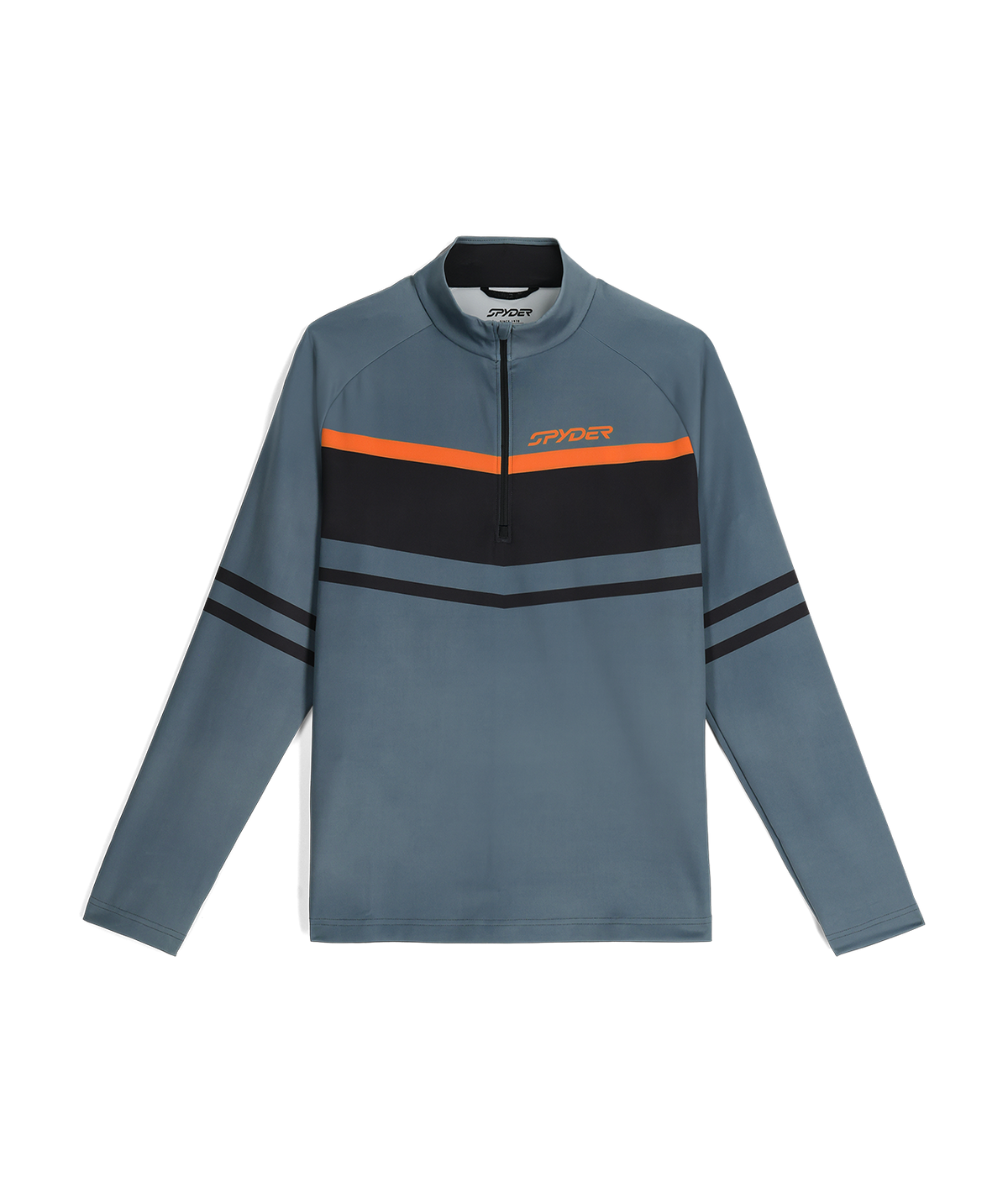 Gray long-sleeve athletic jacket with orange and black accents on a white background