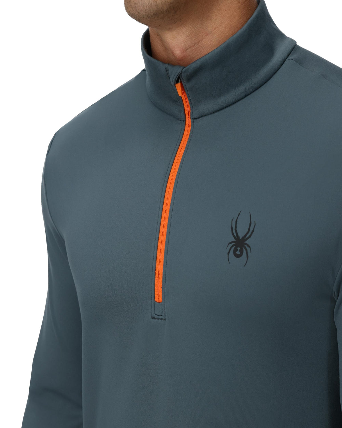 Gray pullover with orange zipper and spider logo on a white background