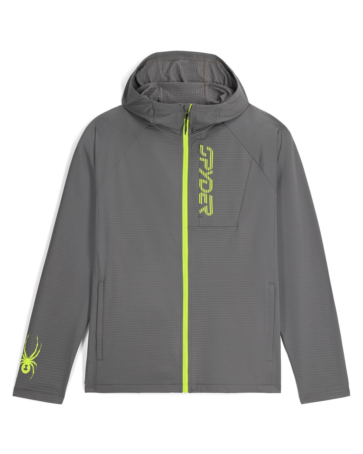 Gray hoodie with green accents on a white background