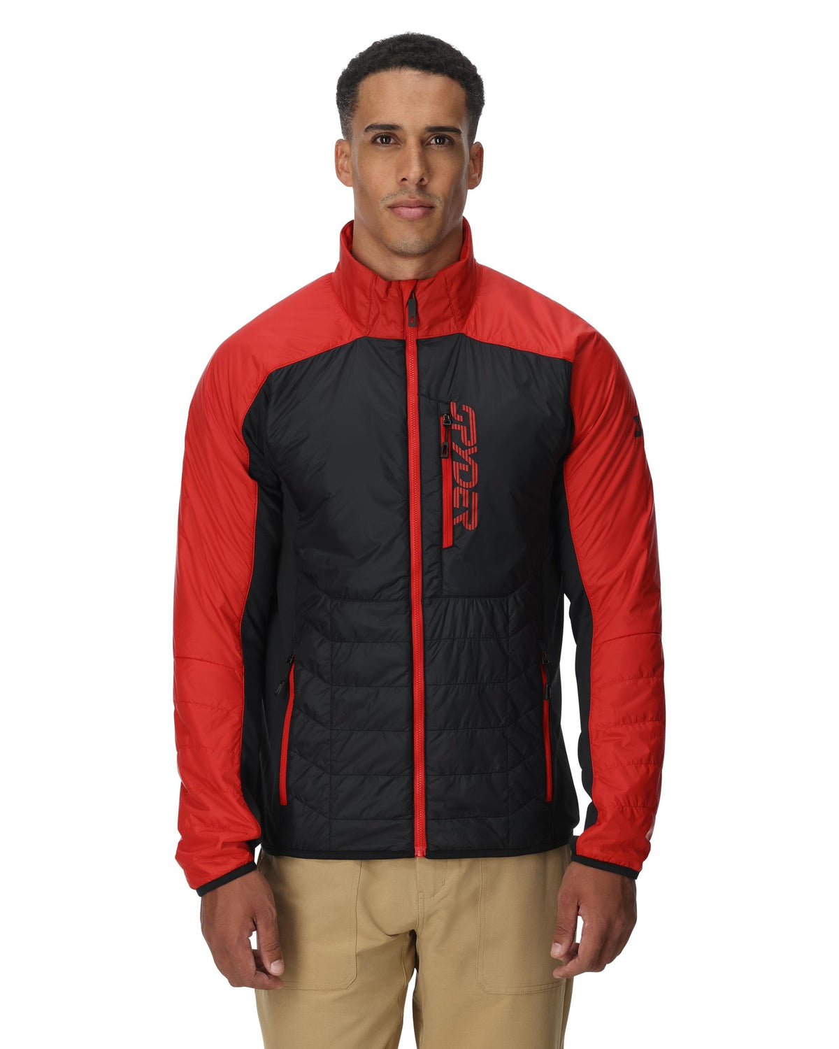 Man wearing a red and black jacket with a brand logo on a white background