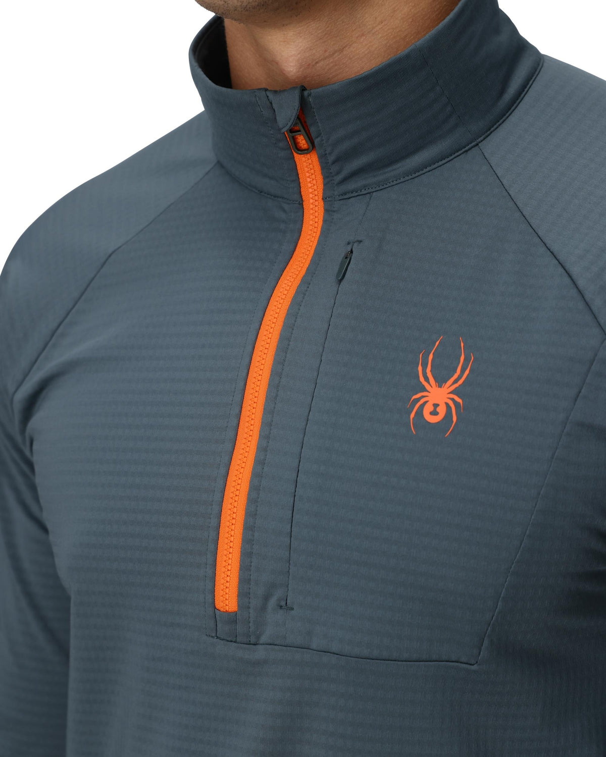 Gray pullover with orange zipper and logo on a white background
