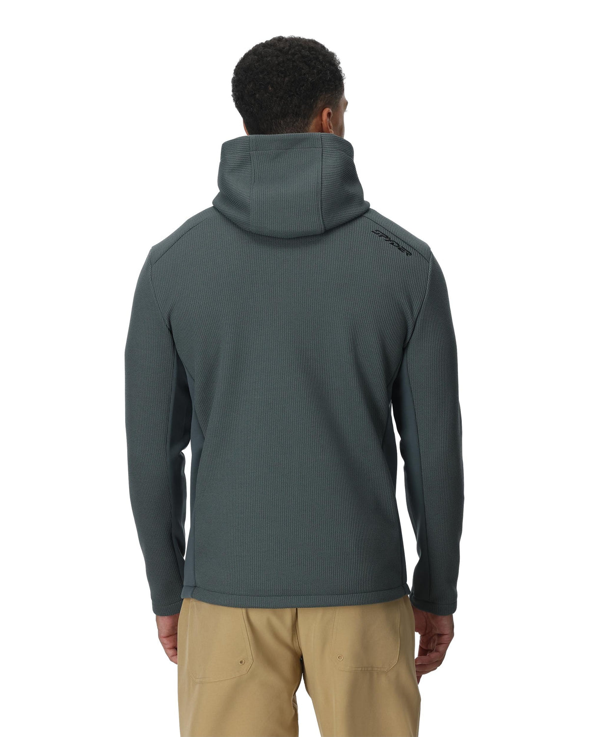 Person wearing a dark gray hoodie with a white background