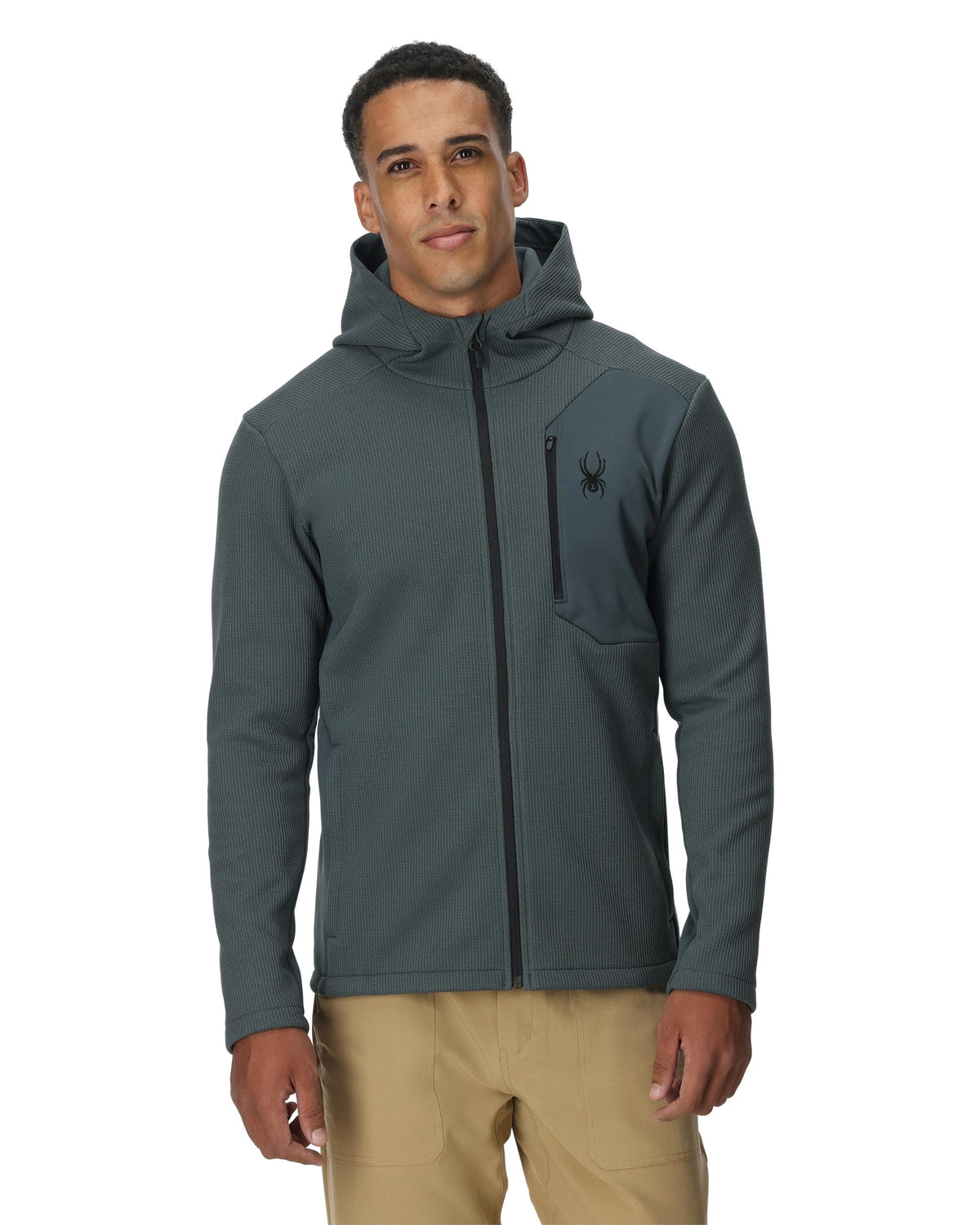 Man wearing a gray jacket with a hood on a white background