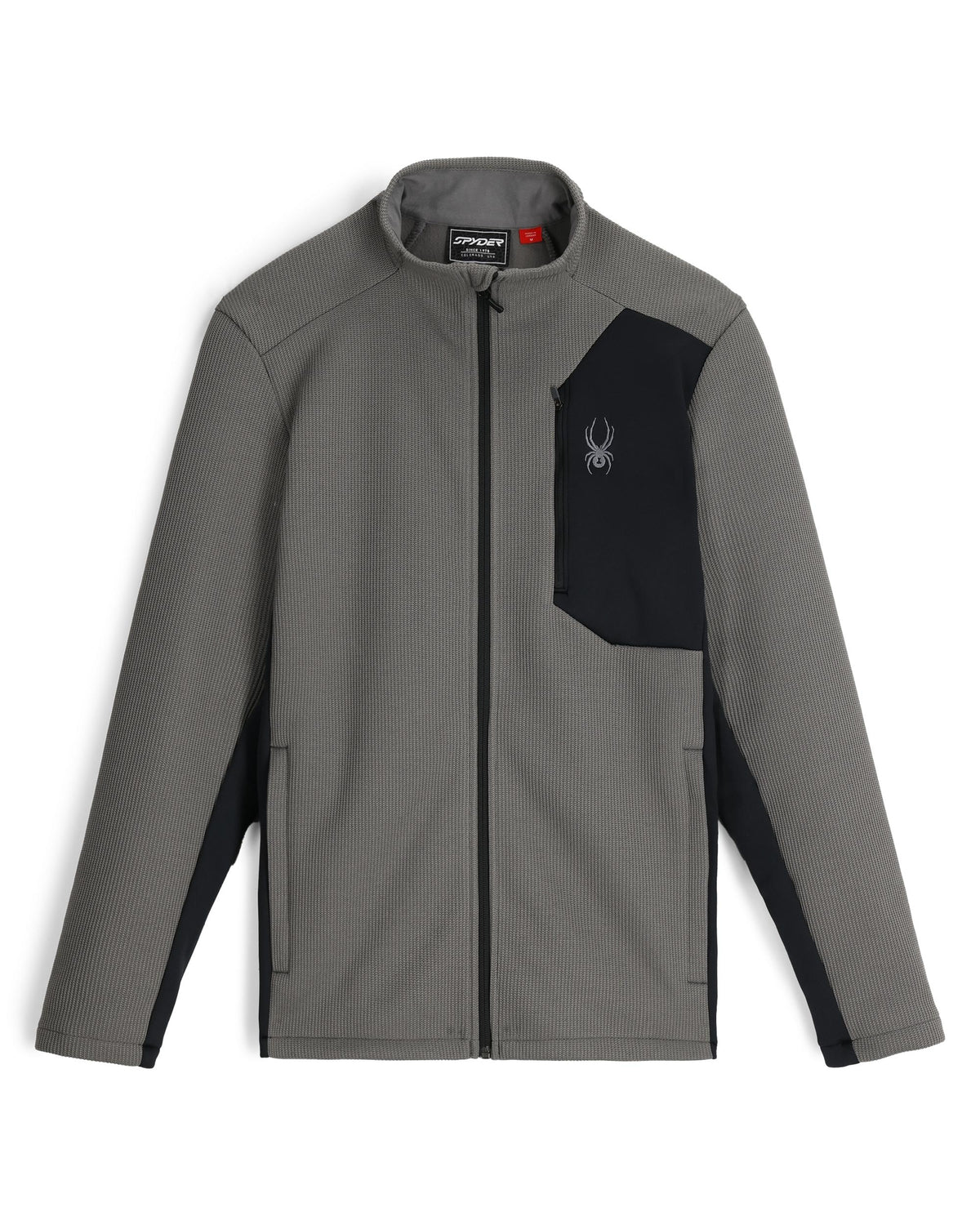 Gray jacket with black accents and a logo on a white background