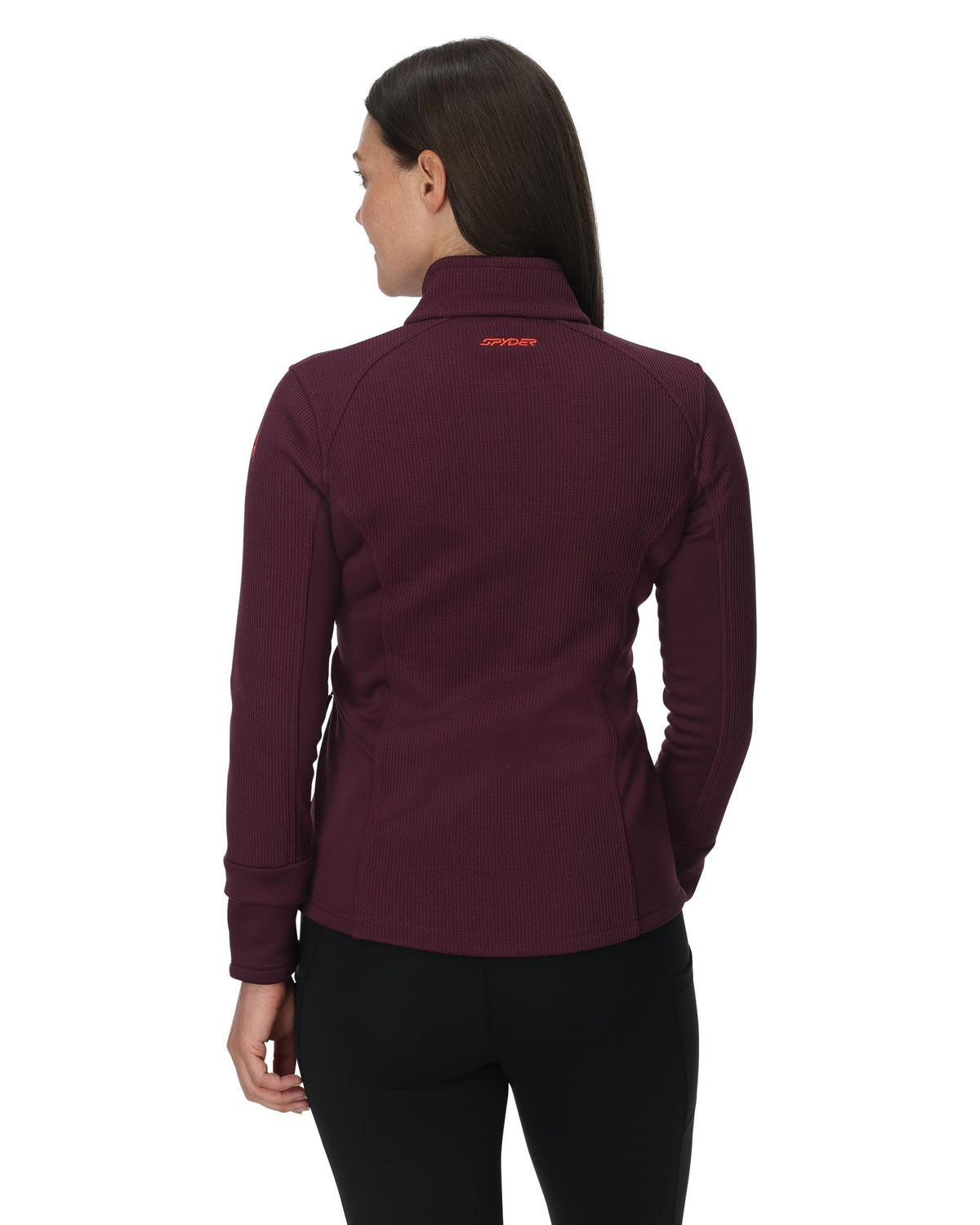 Maroon jacket with a brand logo on the back, worn by a person on a white background