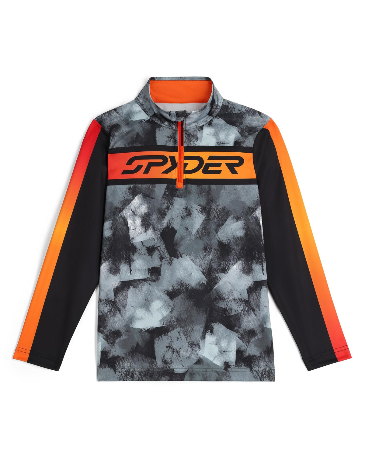 Sweatshirt with camouflage pattern and orange accents on a white background