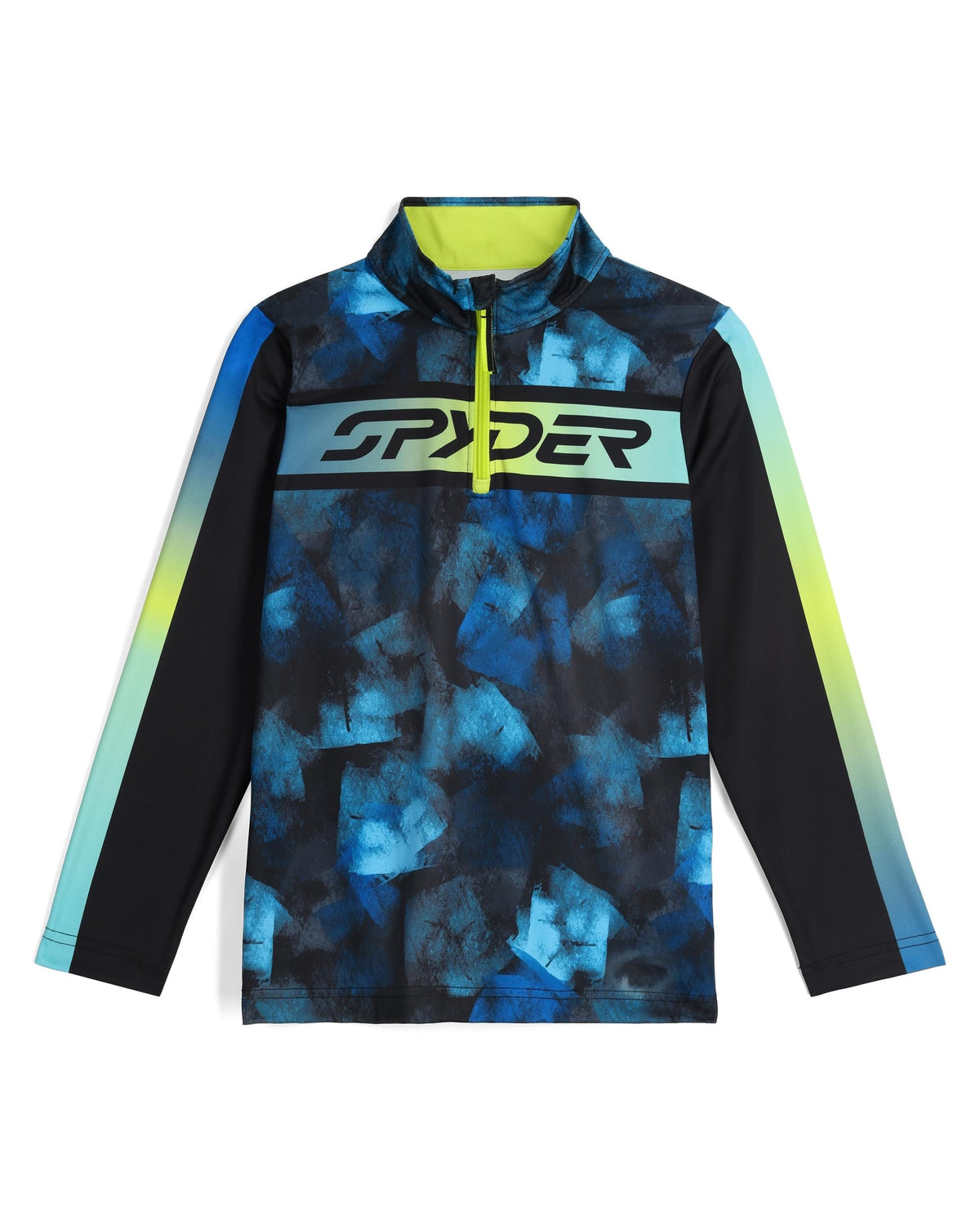 Long-sleeve shirt with blue and black abstract pattern and Spyder logo on a white background