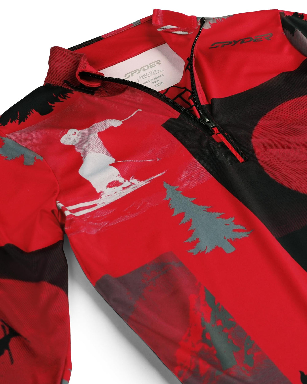 Red and black jacket with graphic designs on a white background
