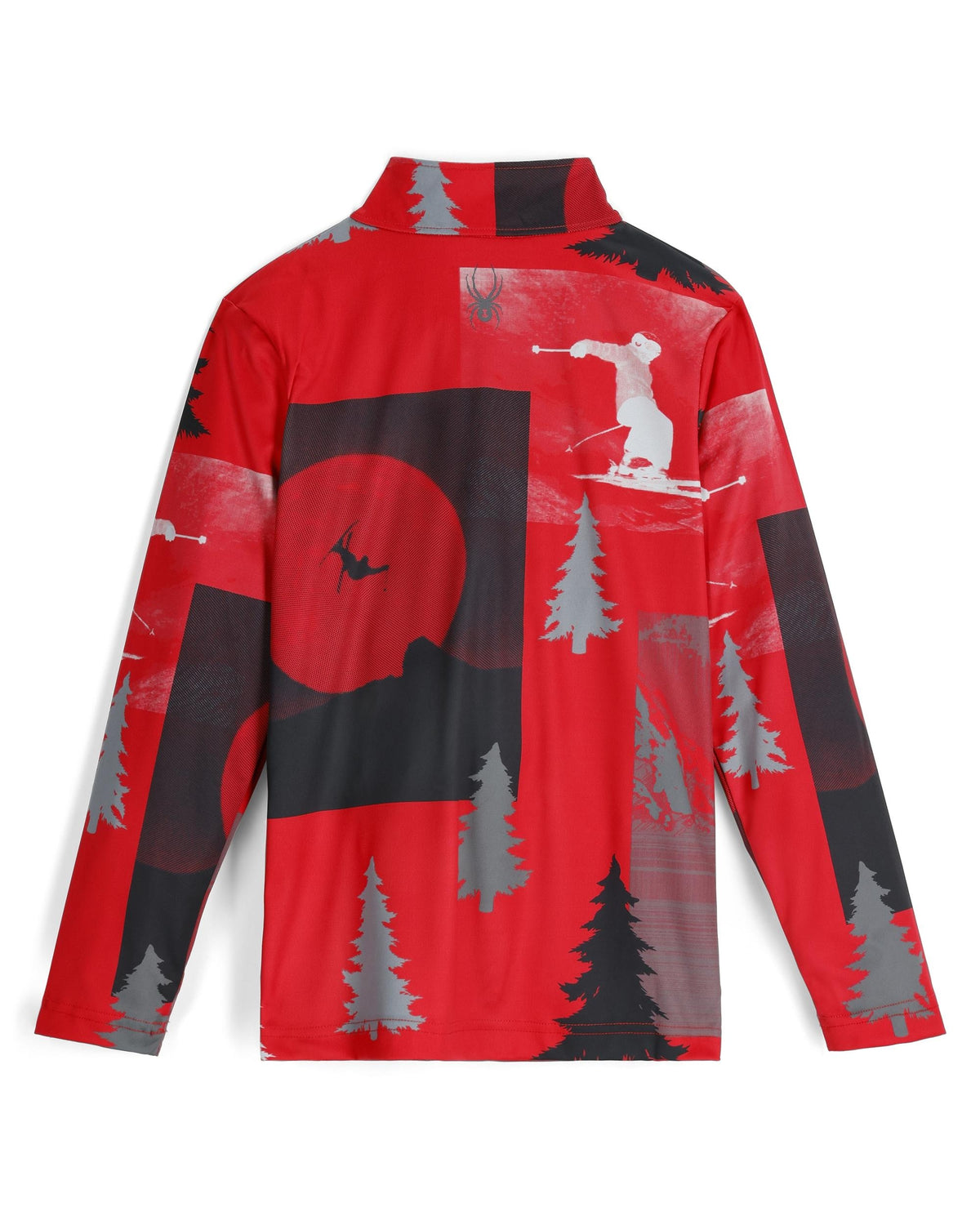 Red long-sleeve shirt with nature-themed design on a white background