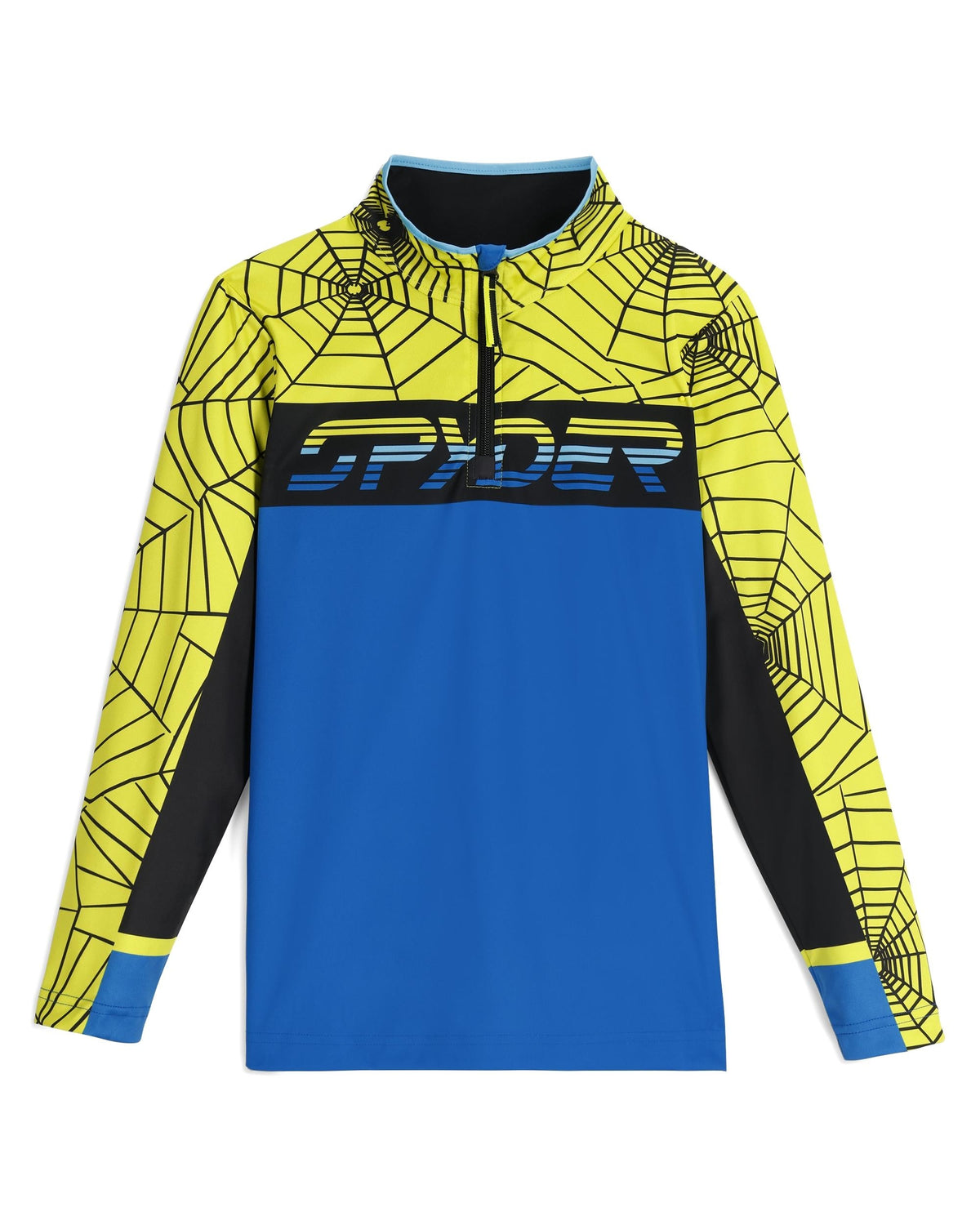Yellow and blue hoodie with spider web pattern on a white background
