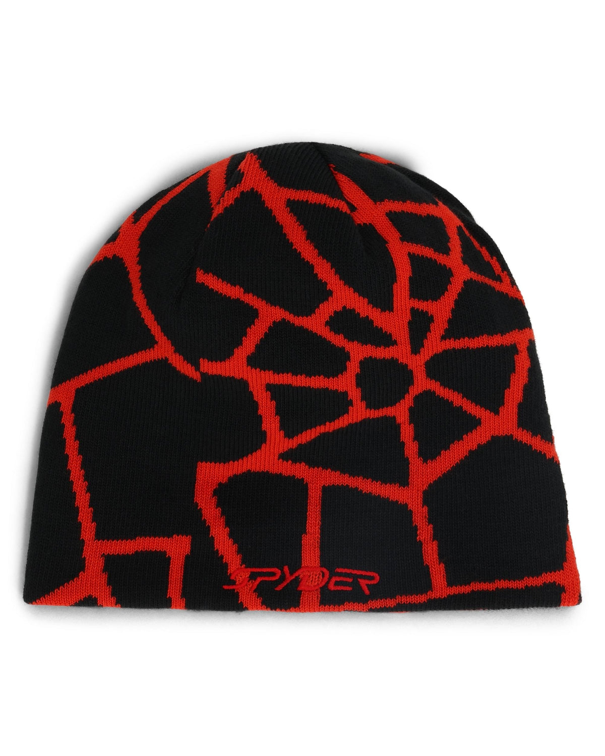 Black beanie with red geometric pattern on a white background