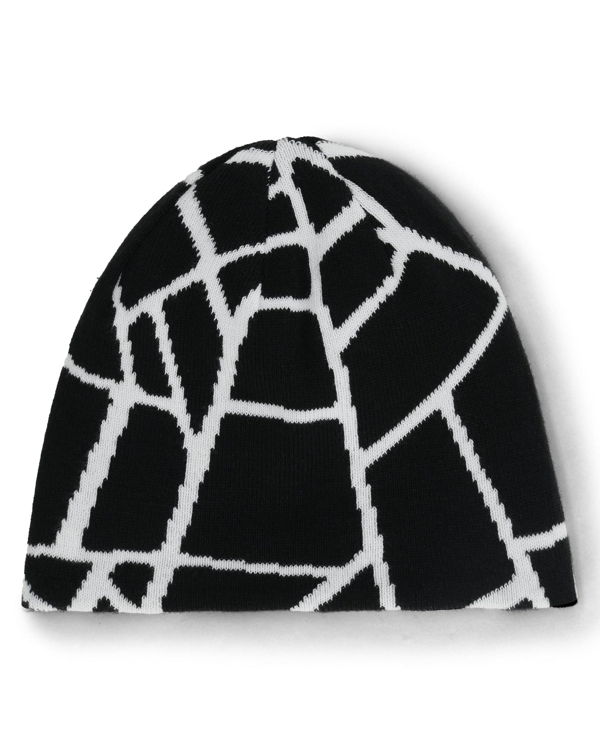 Black and white patterned beanie on a white background