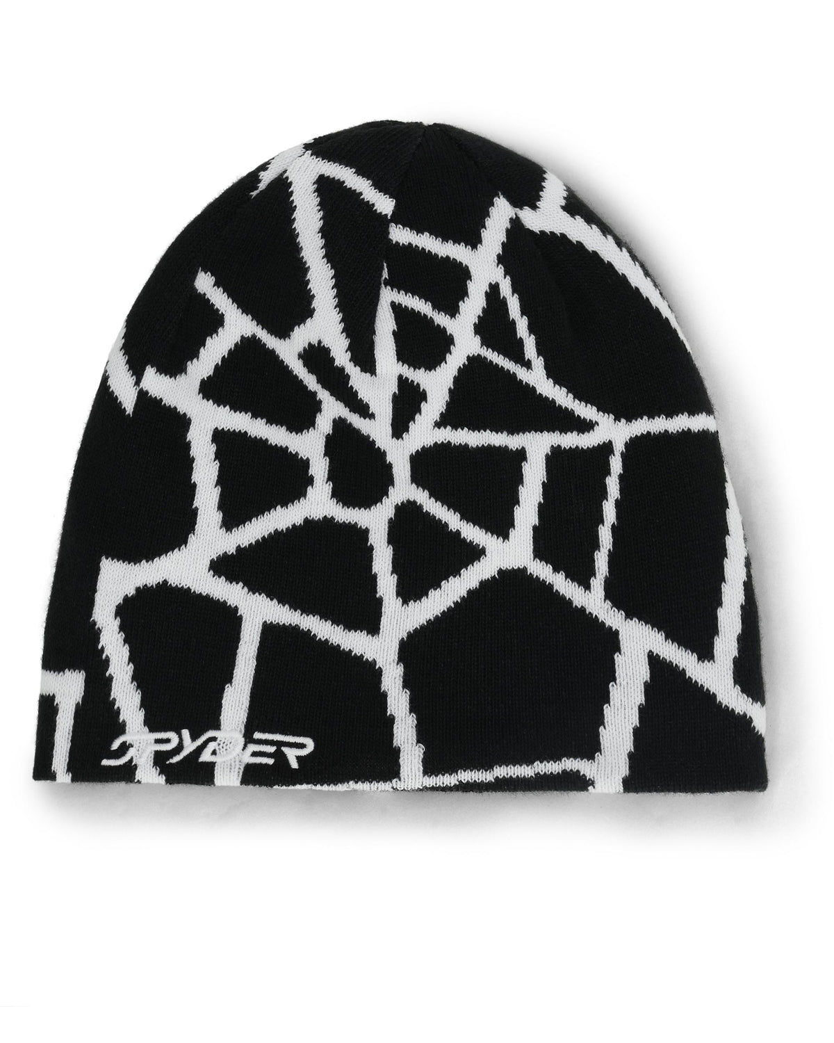 Black and white beanie with spider web pattern on a white background