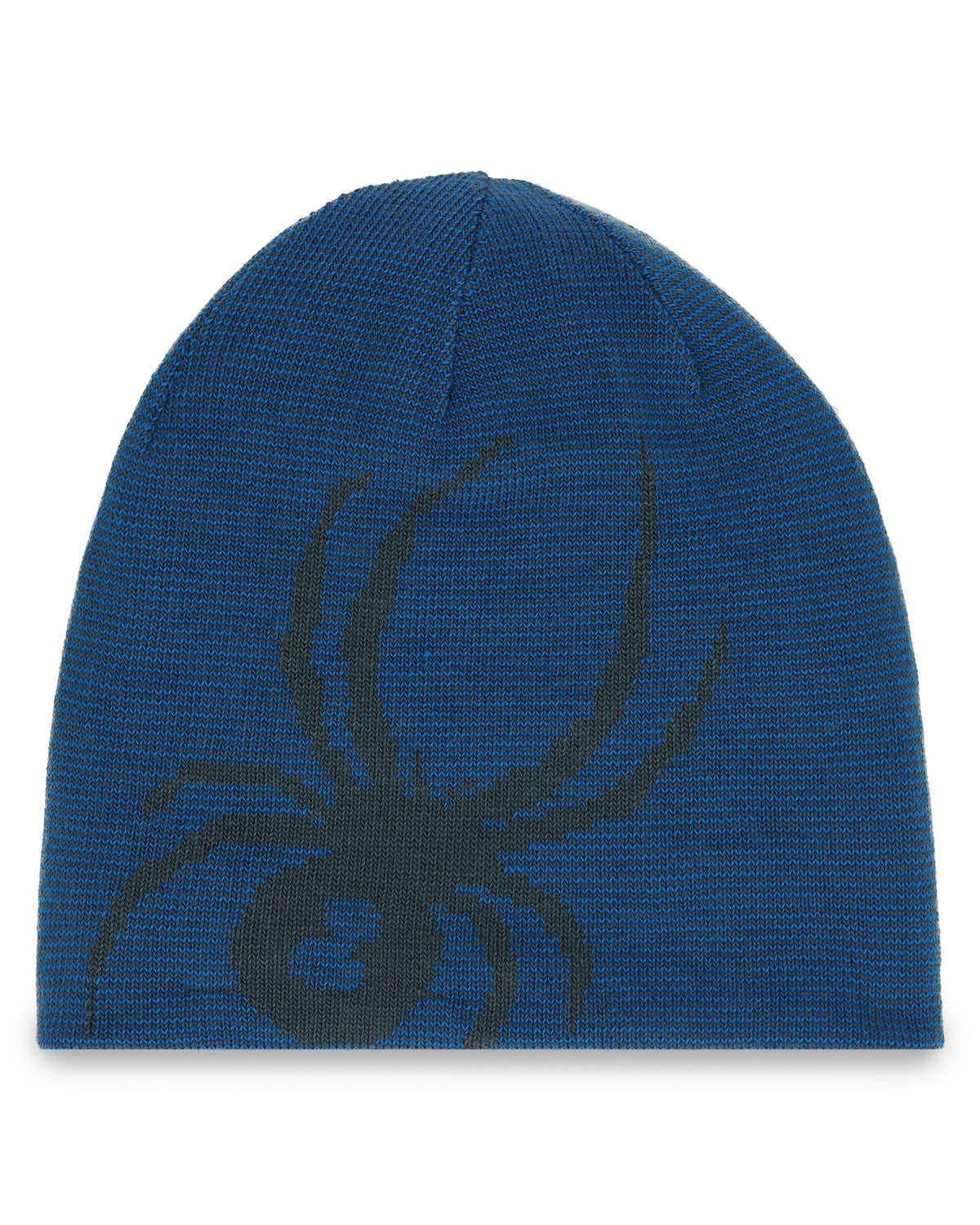 Blue knit beanie with a black spider design on a white background
