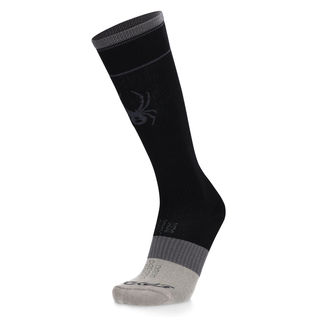 Black sock with gray heel and toe on a white background