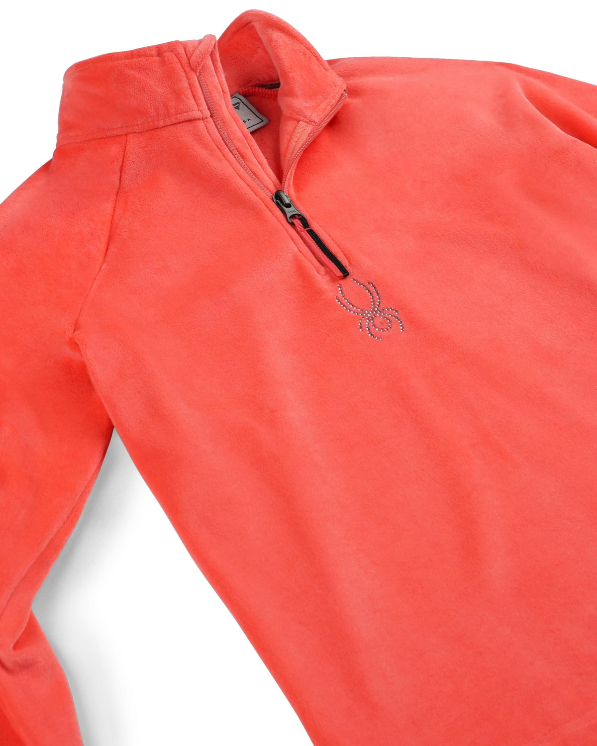 Red fleece pullover with a brand logo on a white background