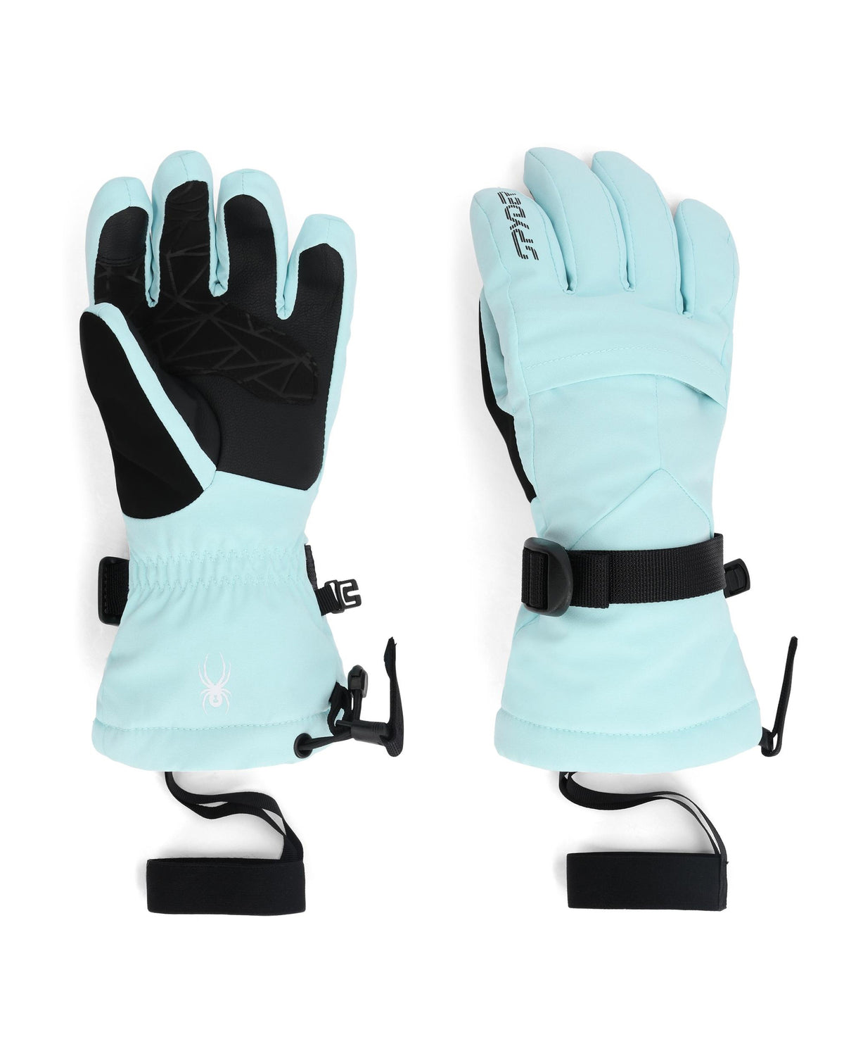 Pair of light blue gloves with black accents on a white background