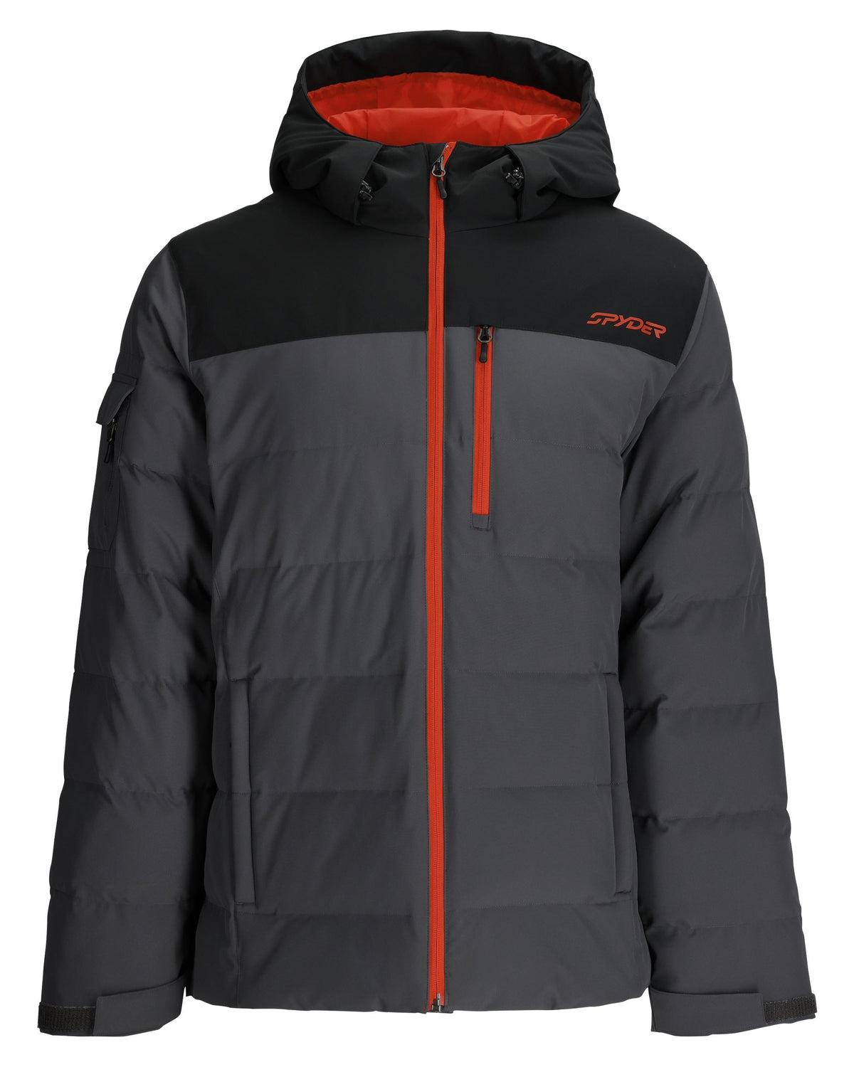 Gray and black jacket with red zipper on a white background
