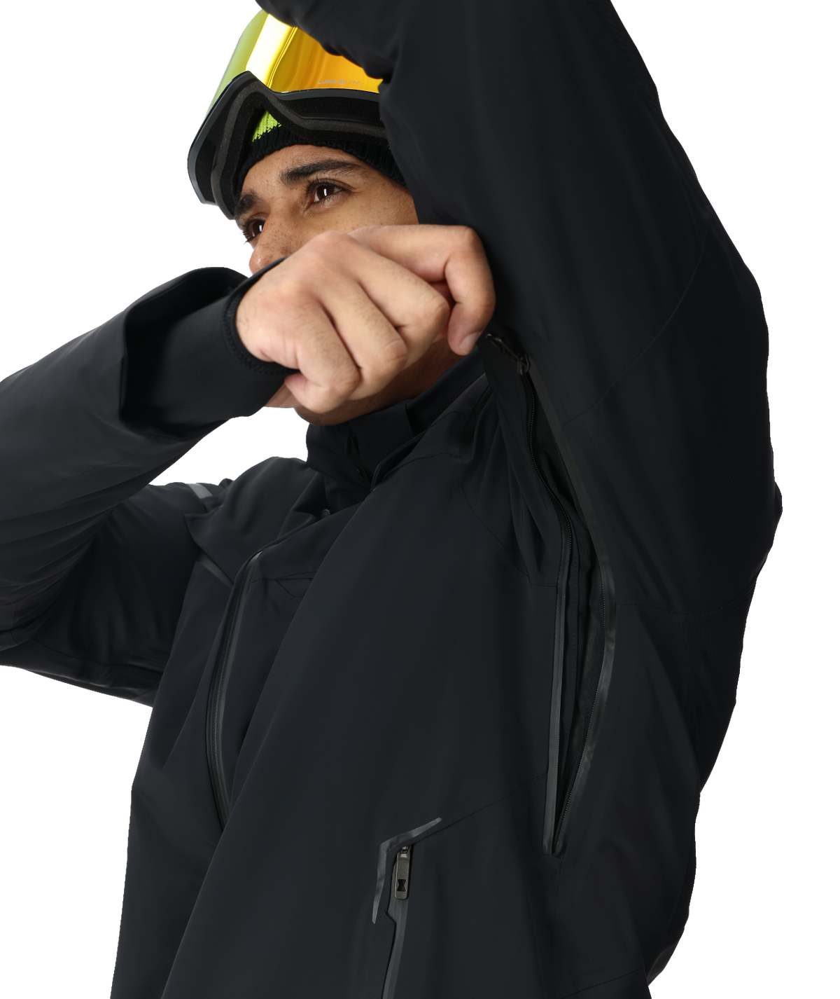 Person wearing a black jacket with a hood, peeking out from under it.