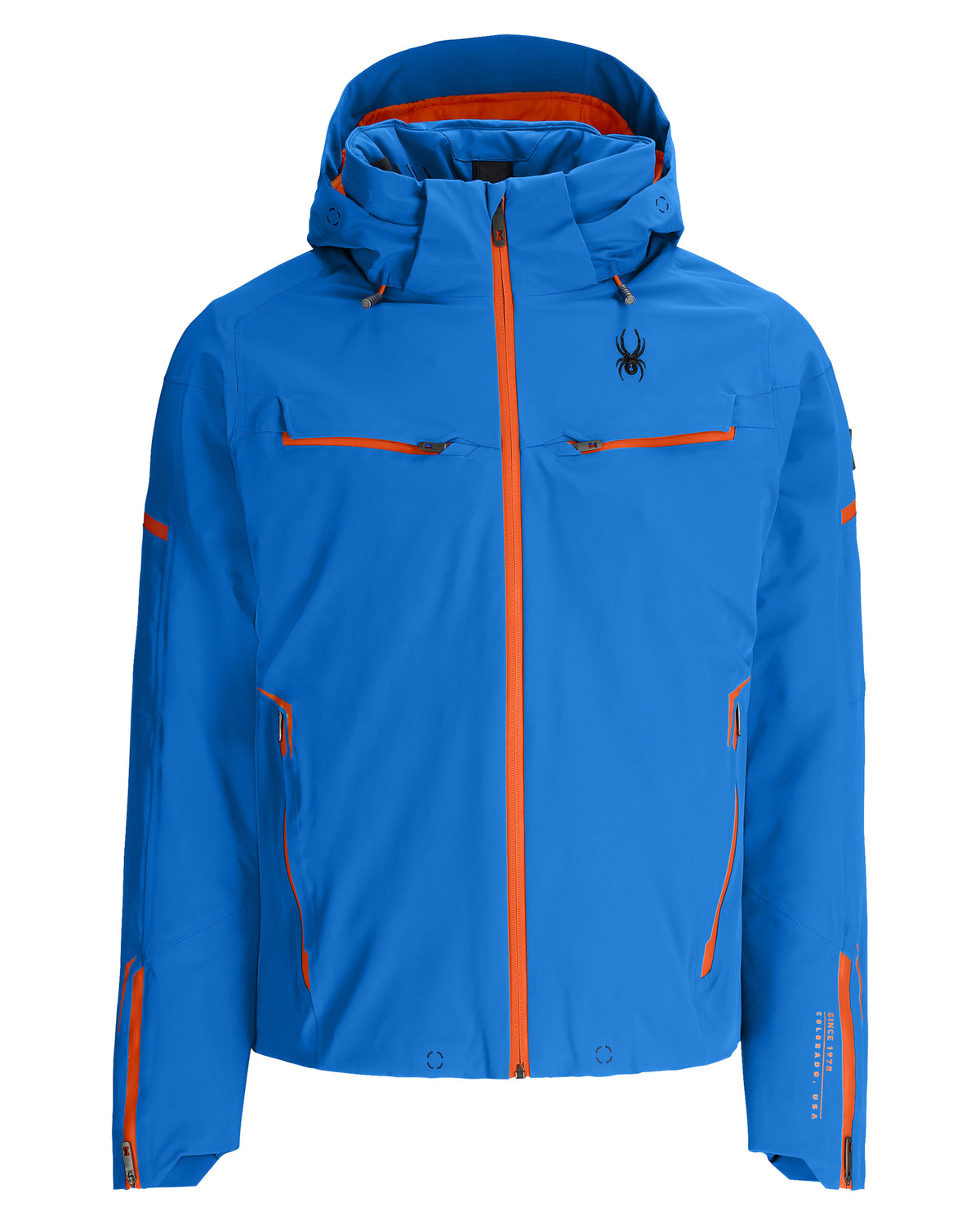 Blue jacket with orange accents on a white background
