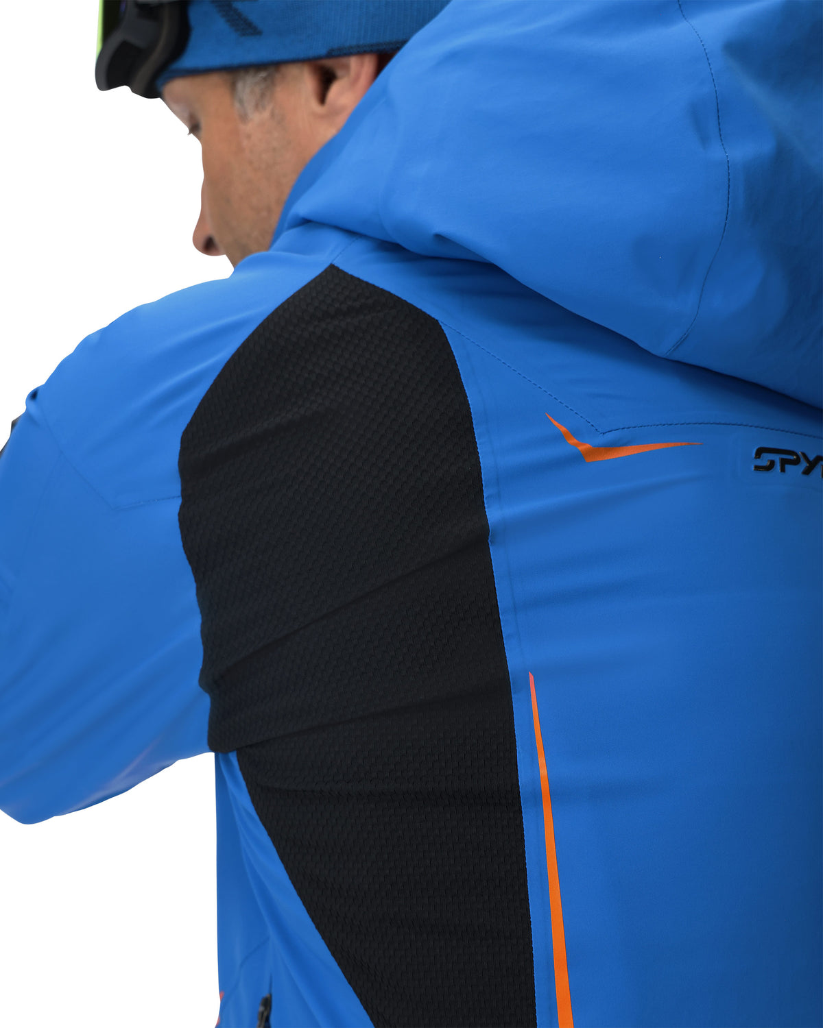 Blue jacket with black and orange accents on a white background