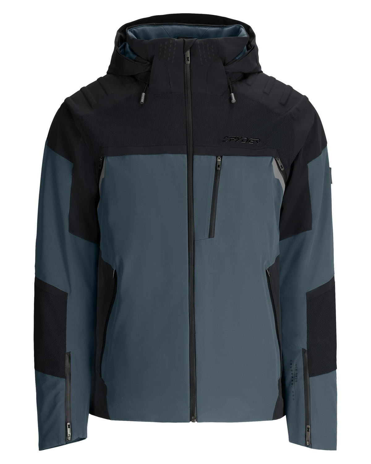 Two-tone gray and black jacket with a brand logo on a white background