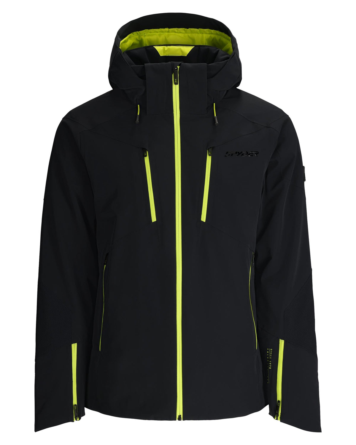 Black jacket with neon green accents on a white background