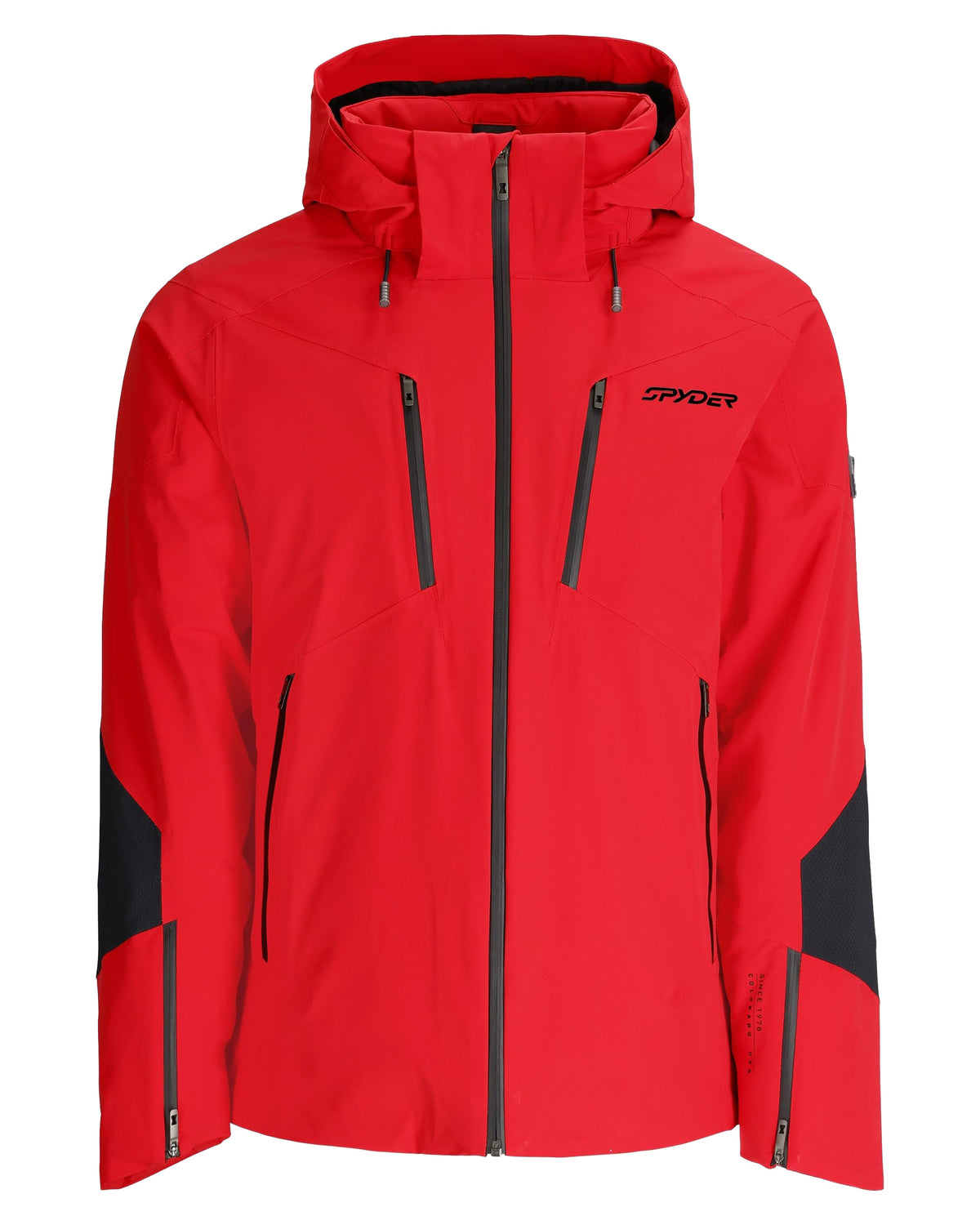 Red jacket with black accents on a white background