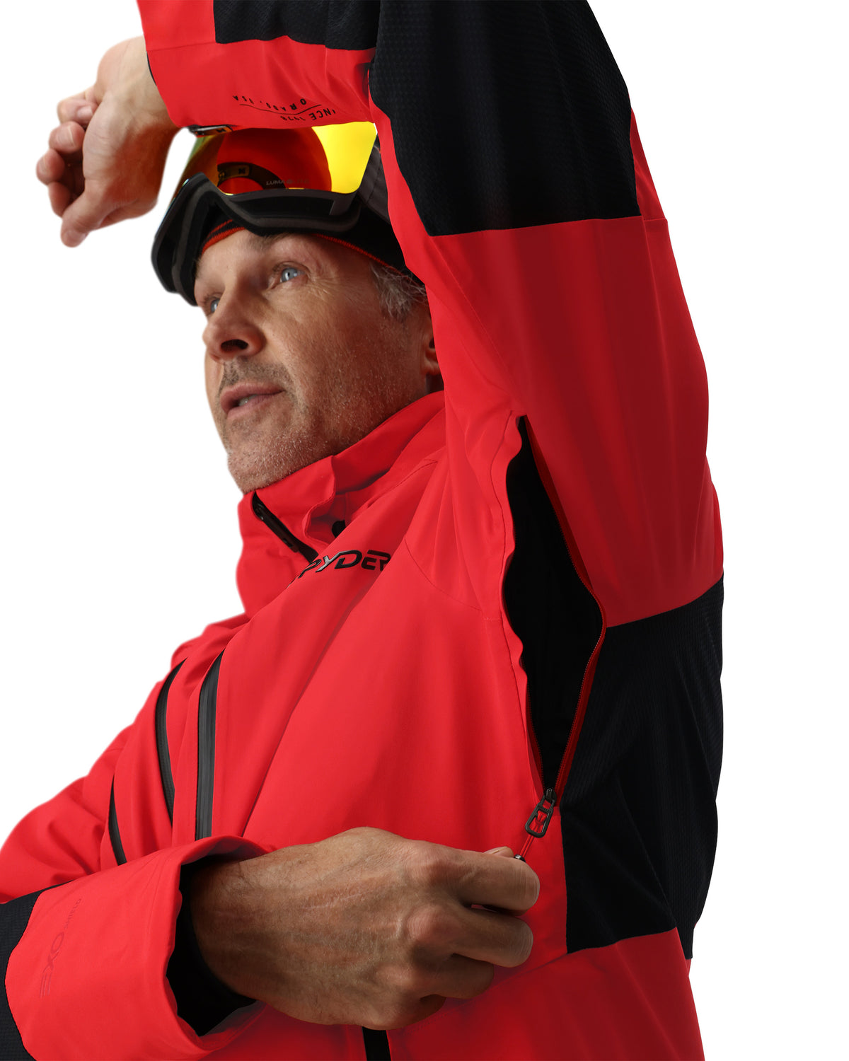 Person wearing a red and black jacket with a white background