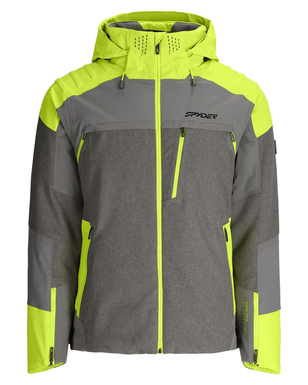 Gray and green jacket with Spyder logo on a white background