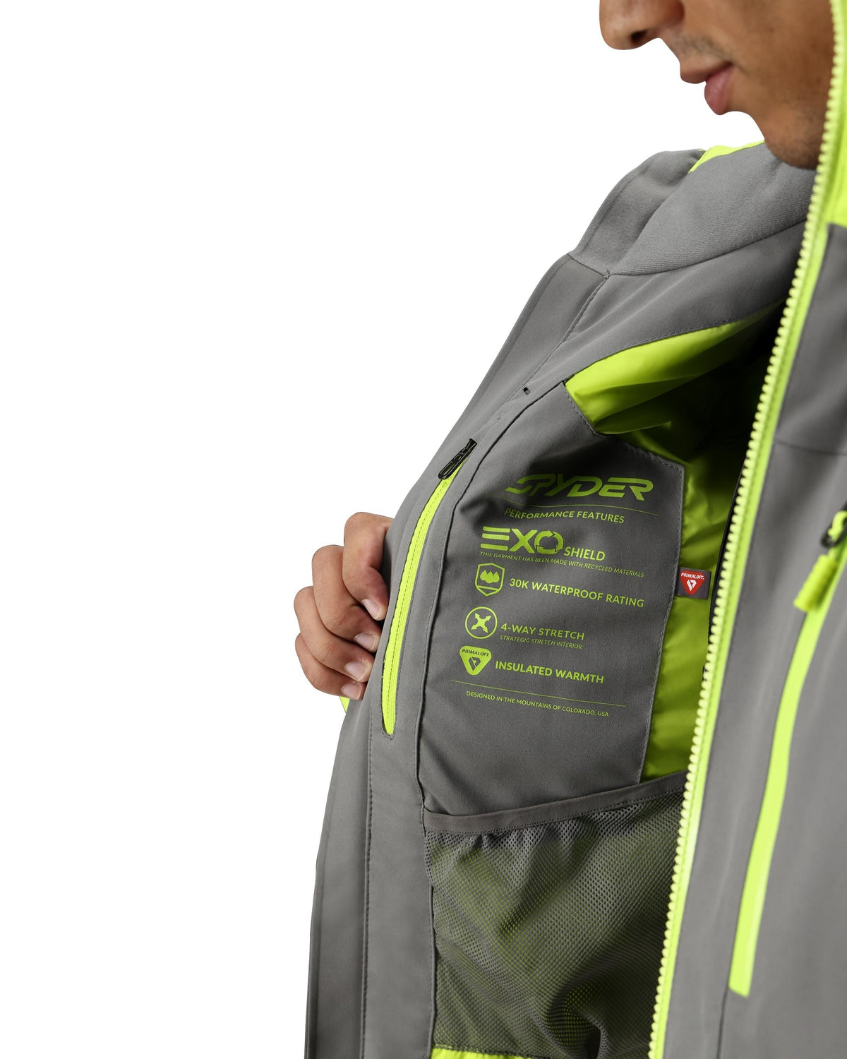 Gray and green jacket with brand logo on a white background