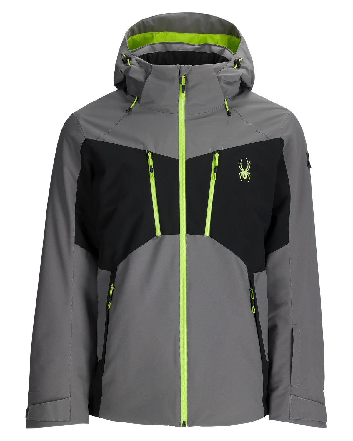 Gray and black jacket with green accents on a white background