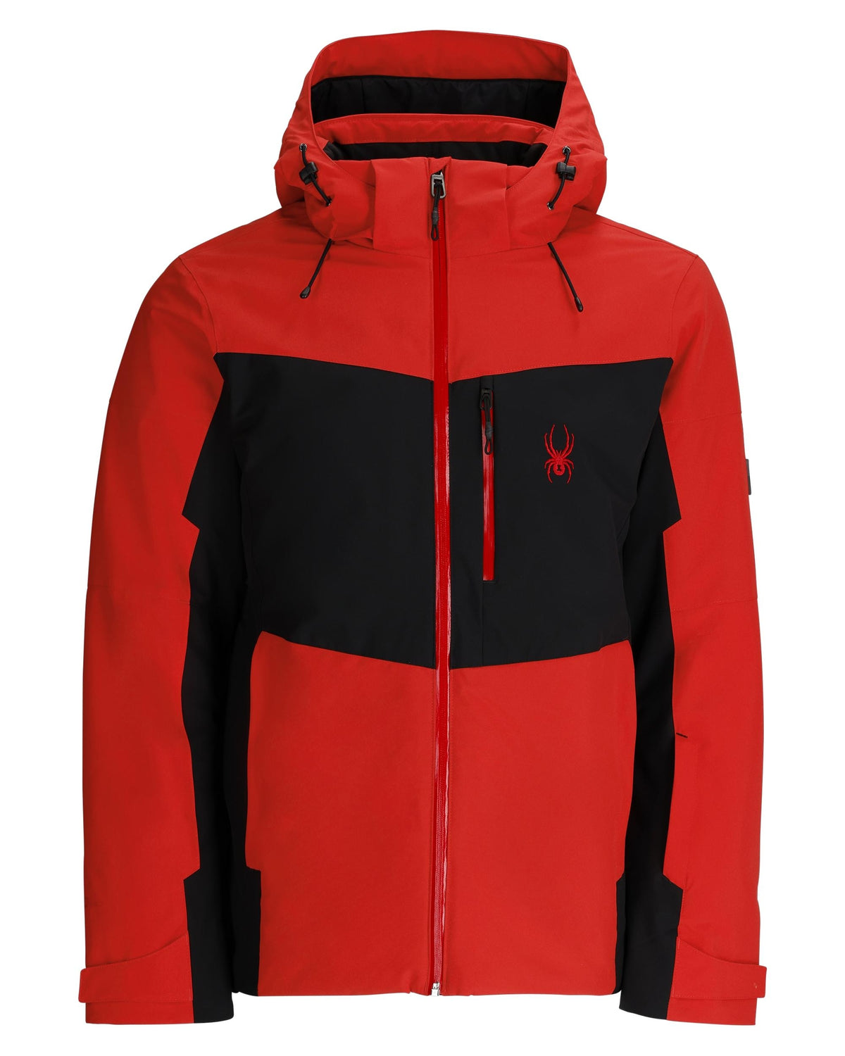 Red and black jacket with a brand logo on a white background