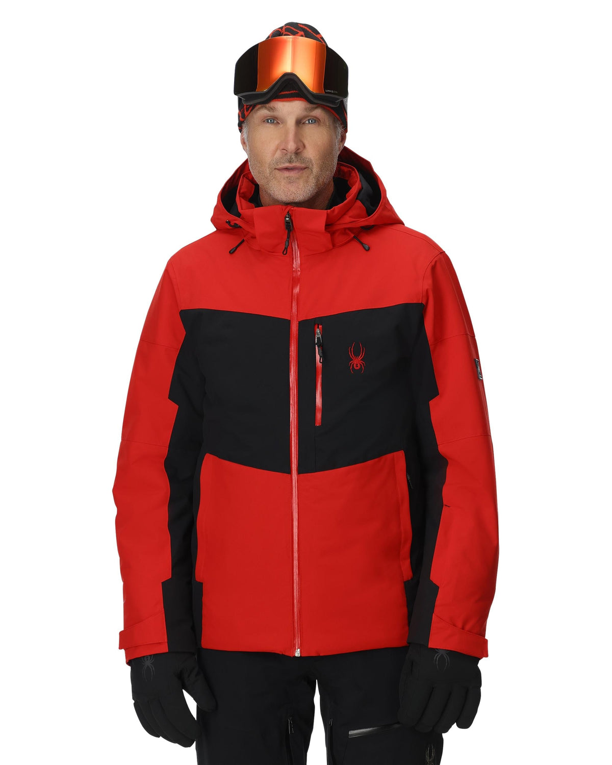 Person wearing a red and black jacket with a brand logo on a white background