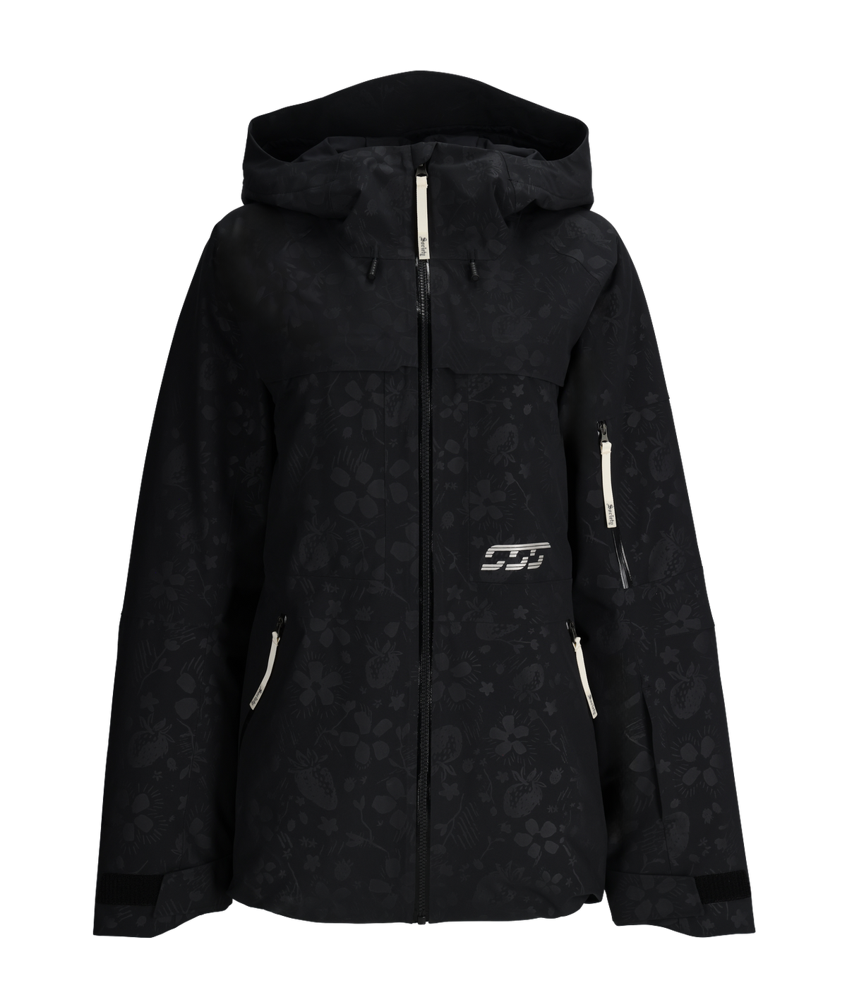 Black jacket with a pattern and brand logo on a white background