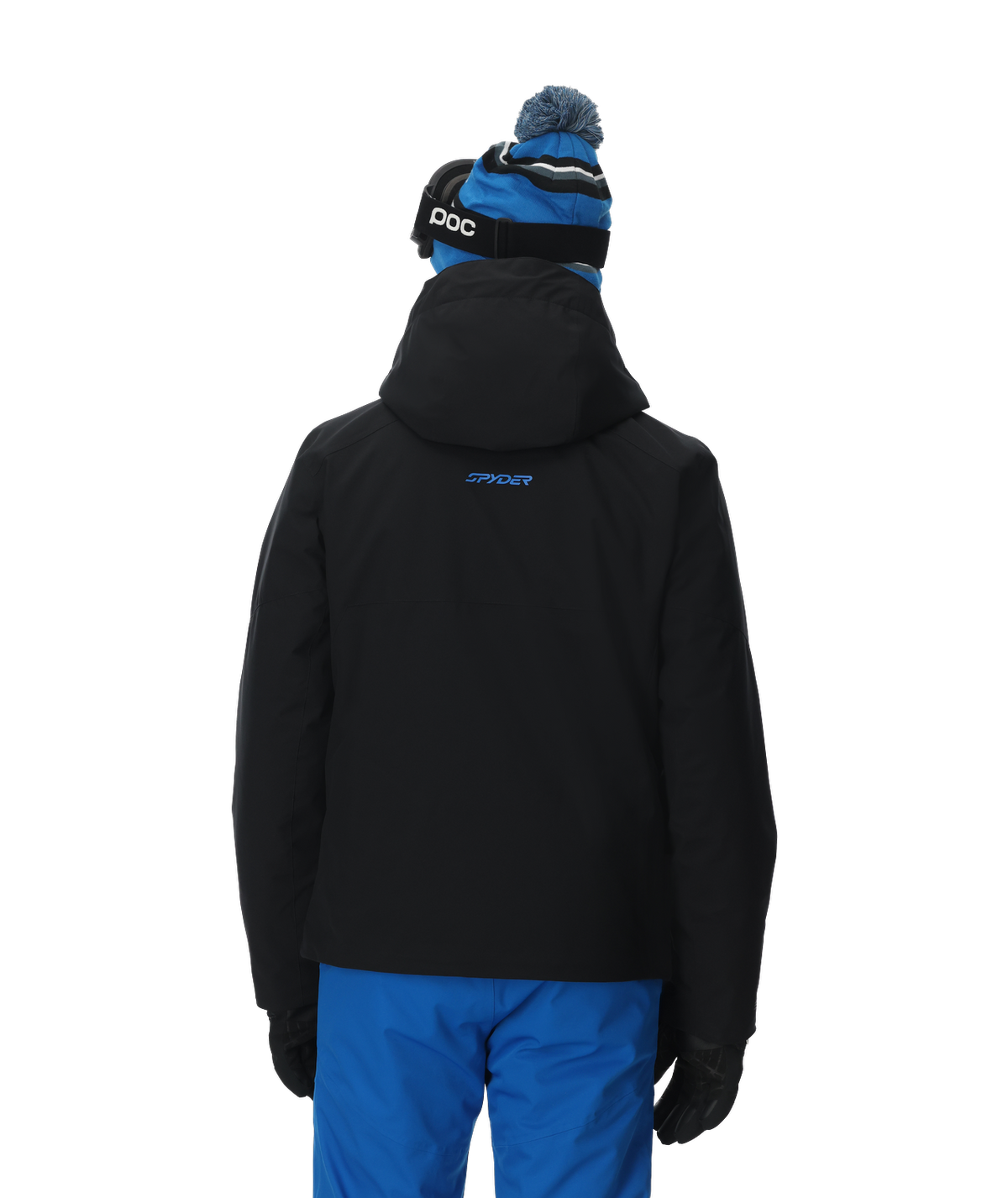 Person wearing a black jacket, blue pants, and a blue and black beanie with a pom-pom on a white background