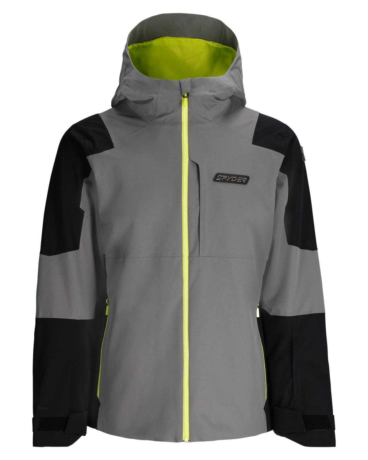 Gray and black jacket with a yellow zipper on a white background