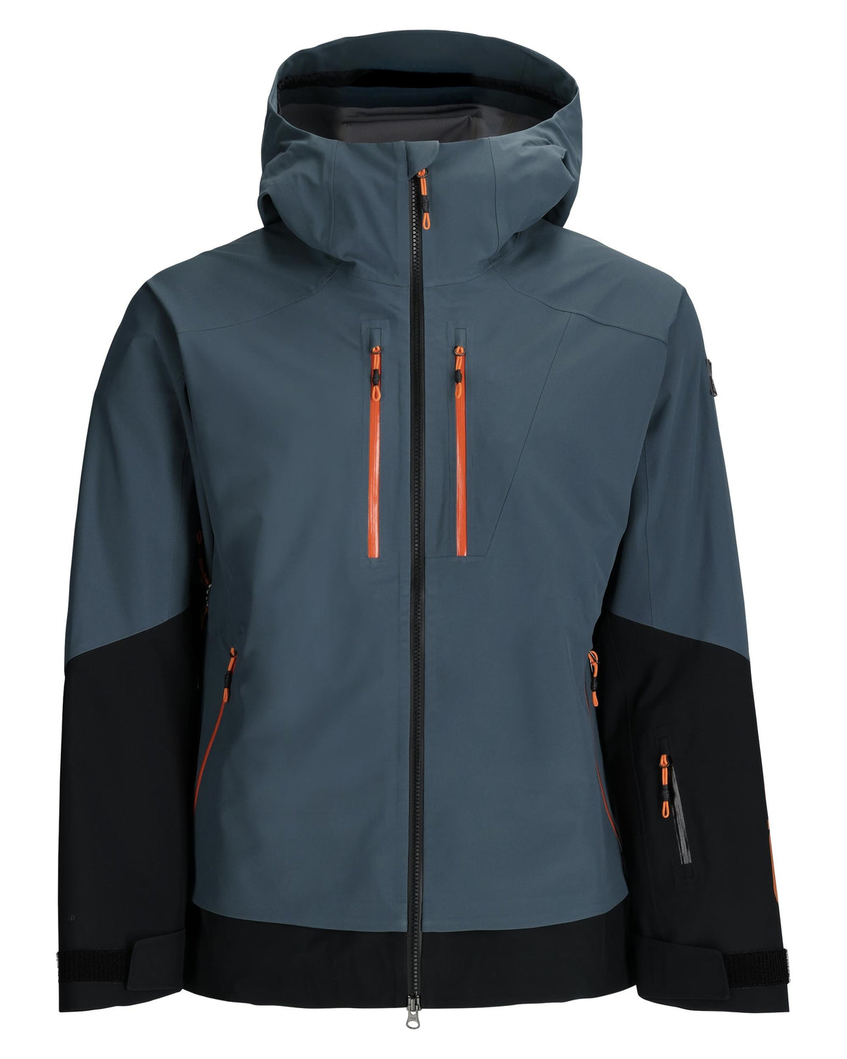 Two-tone gray and black jacket with orange zippers on a white background