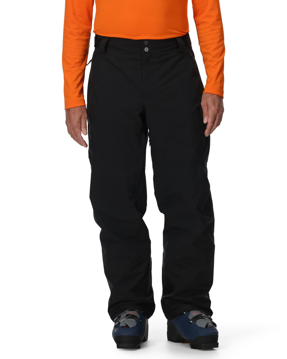 Person wearing black pants and an orange long-sleeve shirt on a white background