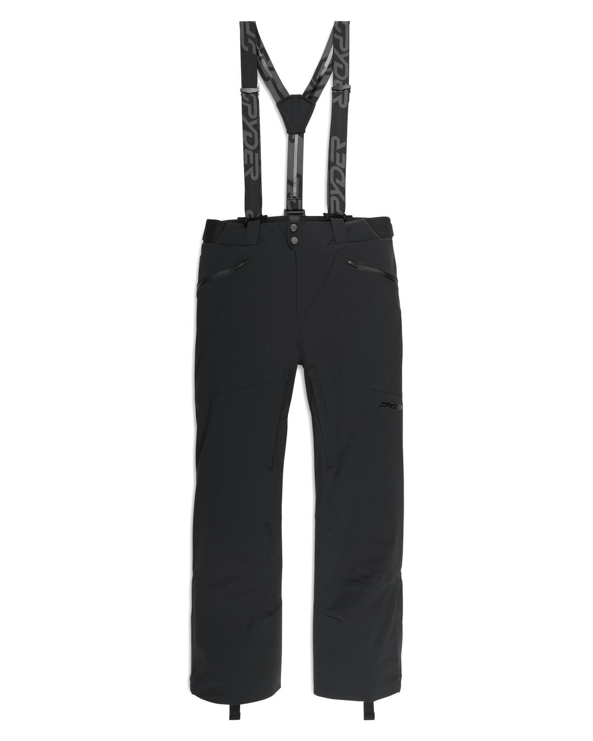 Black ski pants with suspenders on a white background