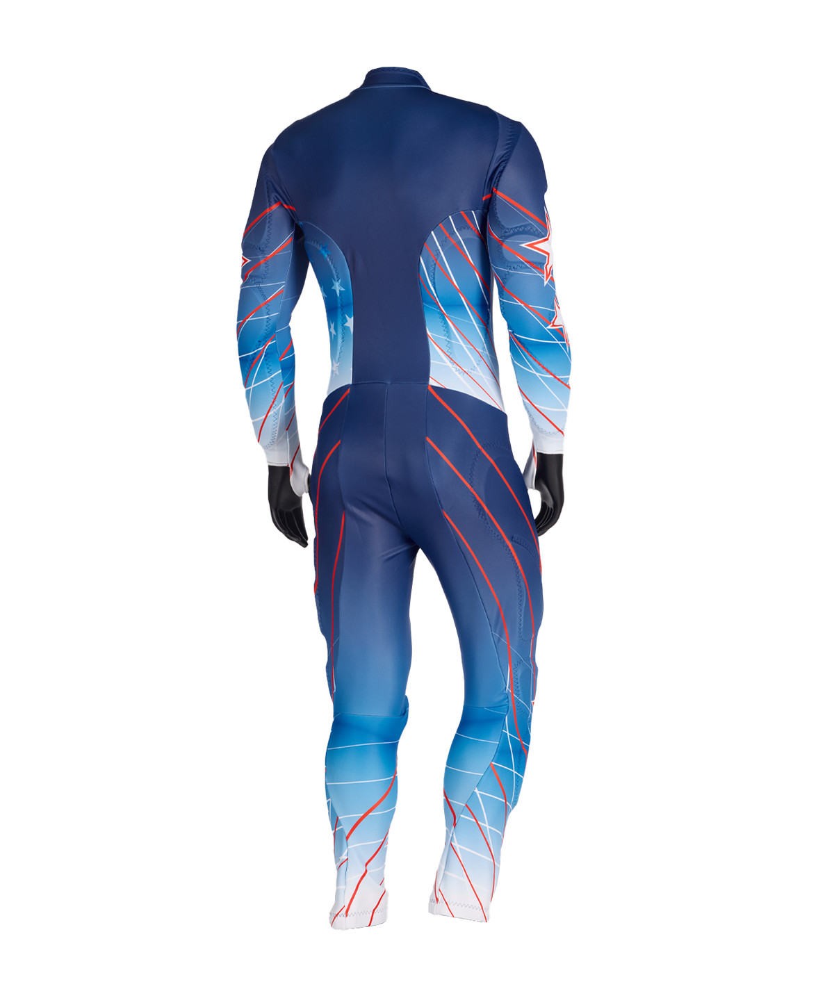 Blue and red wetsuit with geometric pattern on a white background