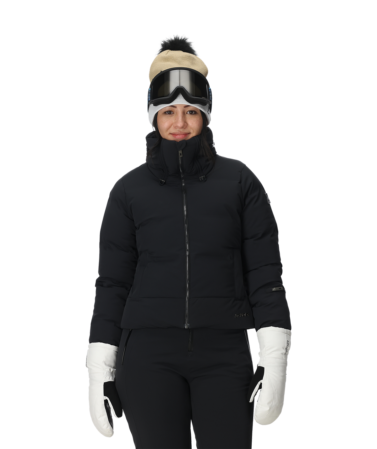 Person wearing a black puffer jacket, white gloves, and a beanie with goggles on a white background