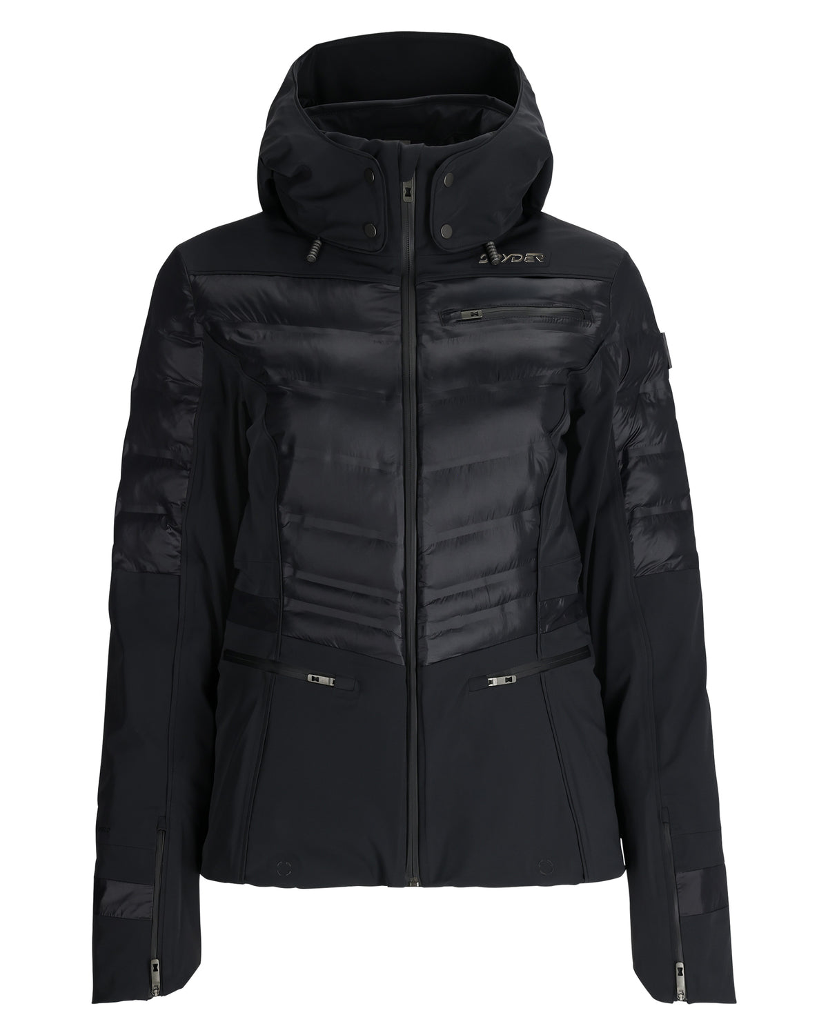 Black jacket with a brand logo on a white background