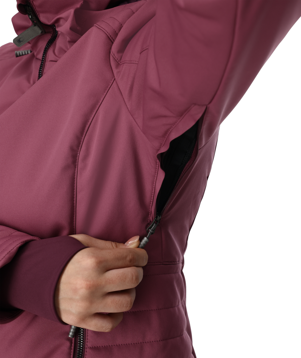 Close-up of a person wearing a maroon jacket with a white background